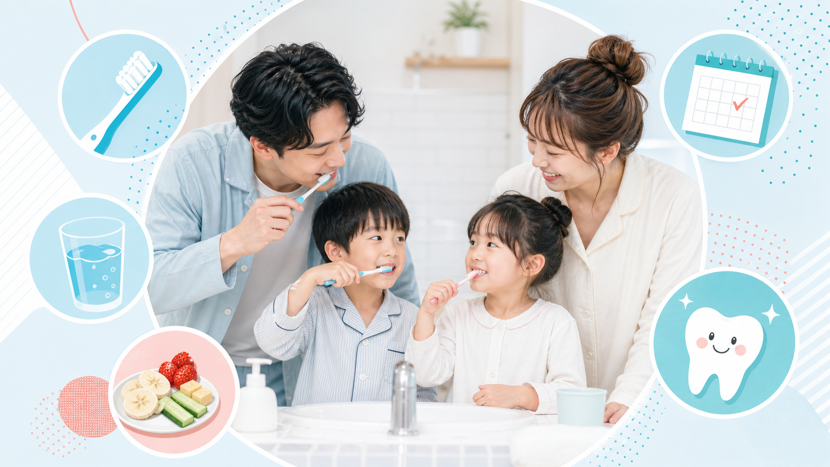 家族で毎日の歯磨き習慣を楽しく続けるイメージ