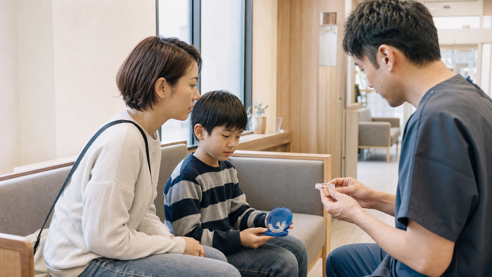 歯科医師から子どもと保護者が矯正装置の説明を受ける様子