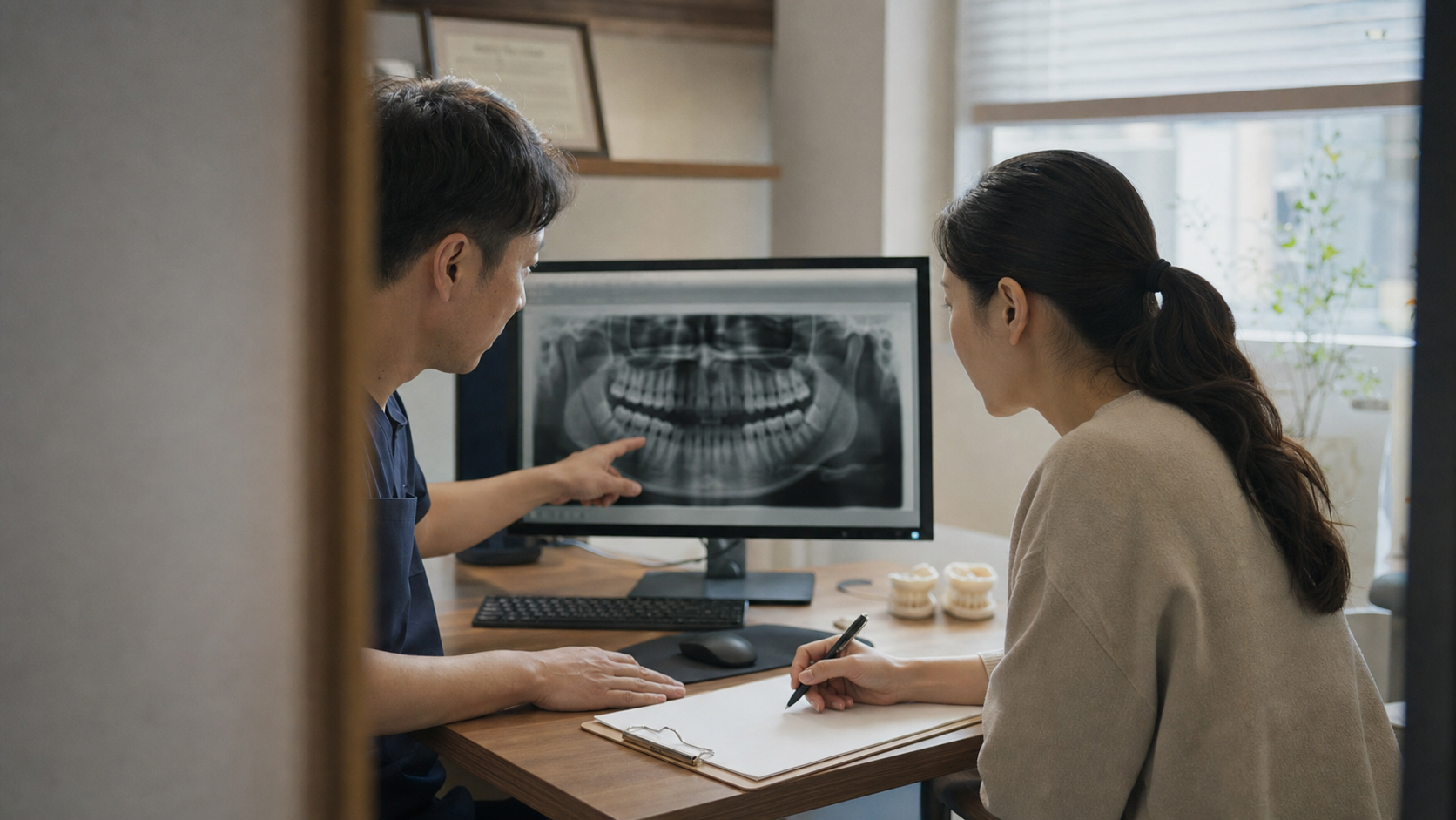 歯科医師と患者がレントゲン画像を見ながら治療上の注意点を確認する様子