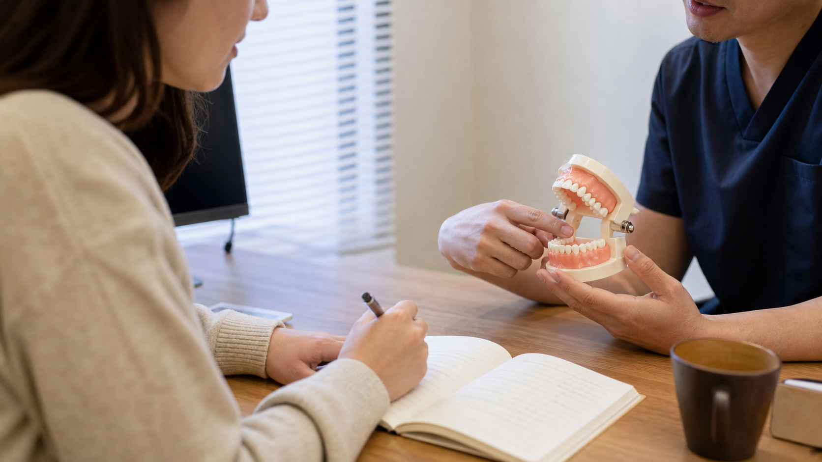 患者がメモを取りながら歯科医師に歯列矯正について質問する様子