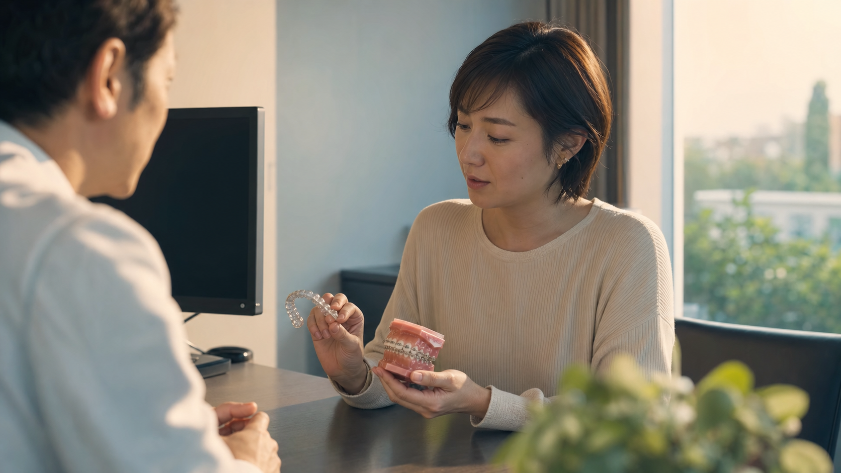 患者がマウスピースとワイヤー矯正の模型を見比べながら相談する様子