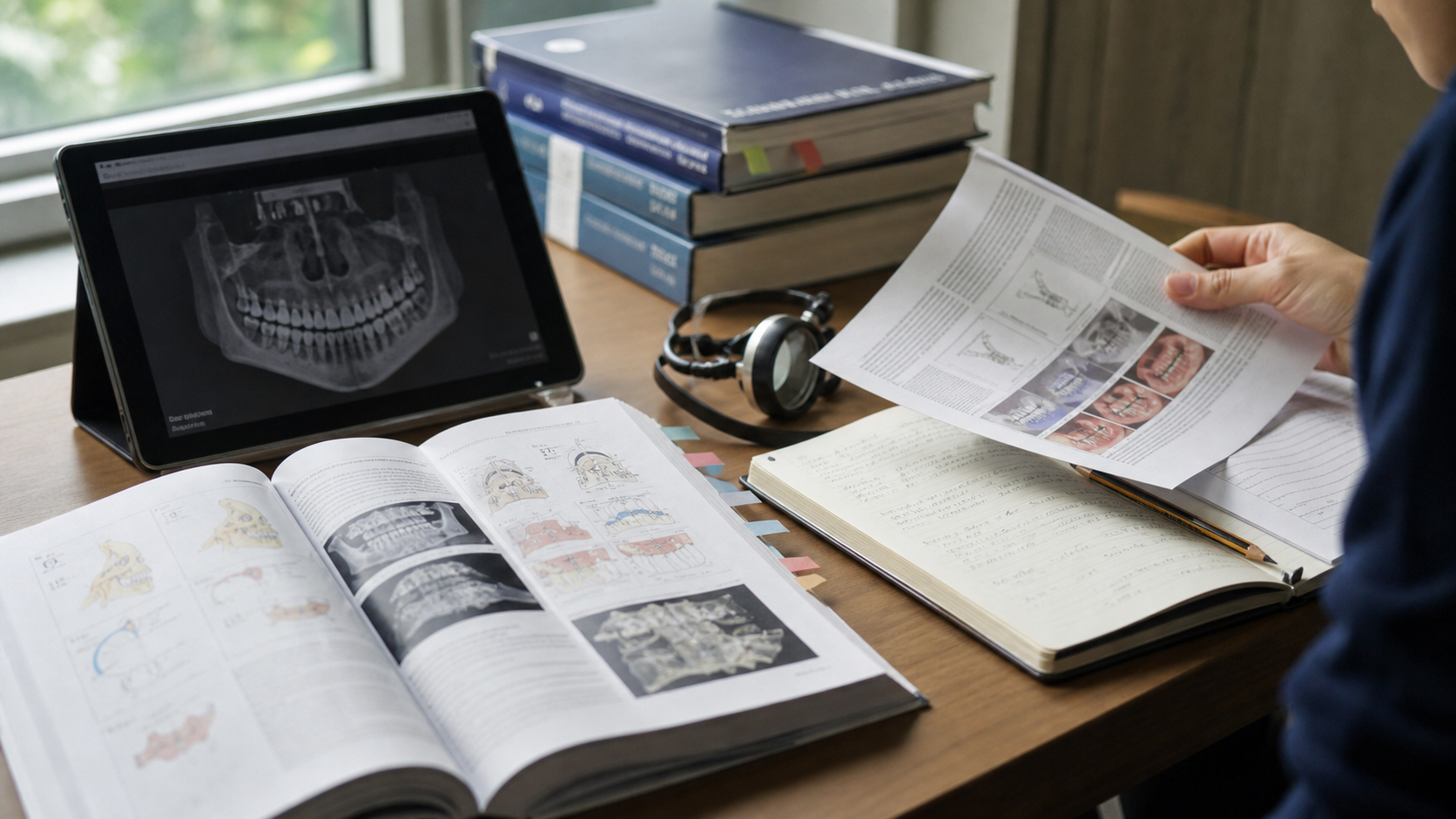 歯科の専門書や資料、画像を確認しながら情報を調べる様子